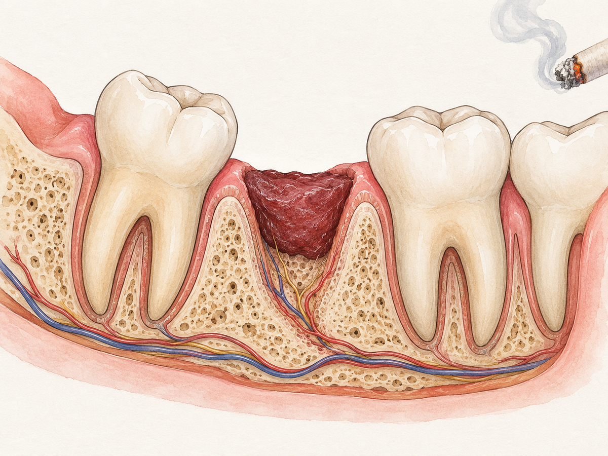 A cross-section of a lower wisdom tooth extraction socket shows a protective blood clot over bone and nerve endings, with narrowed surrounding blood vessels and a faint wisp of smoke indicating reduced healing blood flow.